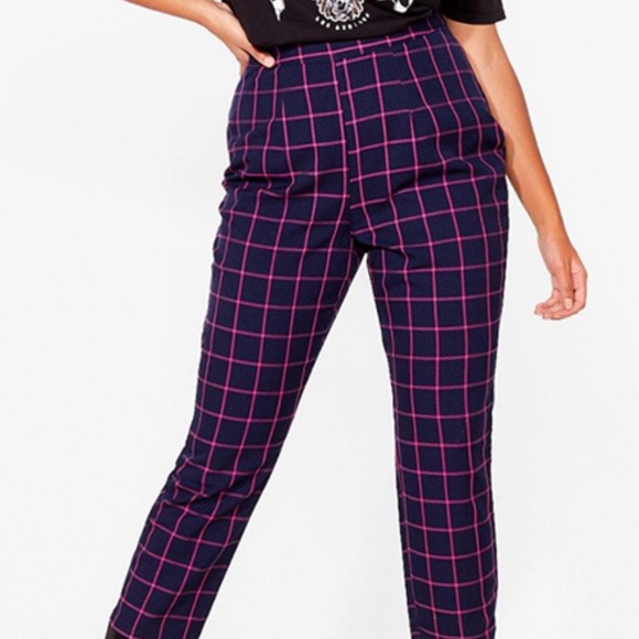 NWT Nasty Gal Size 16 Navy and Bright Pink Checkered Trouser Pants Grunge - Picture 4 of 8